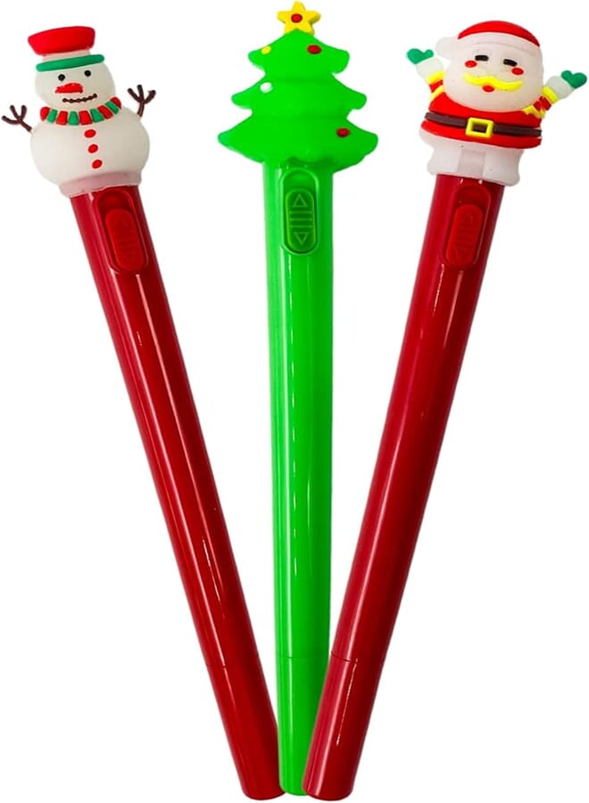 Needzo Christmas Light Up Gel Ink Pens, Novelty Holiday School Supplies for Girls and Boys, Tree, Snowman, and Santa, Pack of 3